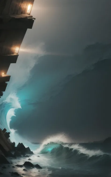 speedpainting, A dynamic Extreme Wide Shot of a Bioluminescent Ocean Waves, Uplighting over a Timber,Rhyolite stone