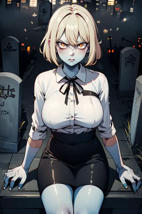 ((masterpiece)), (best quality), official art, extremely detailed CG, unity 8k wallpaper, ultra detailed,
thespirit, blonde hair, pixel cut, short hair, blue skin, white eyes, angry expression, 
office lady, white shirt, pencil skirt, large breasts, 
upper...