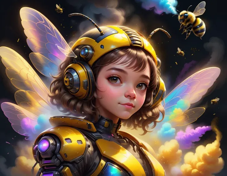 bumblebee:1.4, portrait, adorable, friendly,  buzzing in a smoke cloud in the style of chalkdust,  symmetrical iridescent wings, 8k, concept art, digital art, high quality, highly detailed,  negativeXL_D,  <lora:ChalkDustStyleSDXL:0.7>