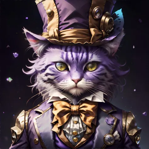 <lora:c4ttitude:0.8> c4ttitude mad hatter, purple waistcoat, top hat, masterpiece, 8k, high resolution, shallow depth of field, sharp focus