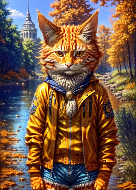 (best quality, masterpiece, 4k, ultra detailed, sharp focus, 8k, high definition, insanely detailed, intricate:1.2), ((orange cat)), <lora:c4ttitudeflexver:1>, fullbody portrait, blonde, c4ttitude, shorts, dark blue jacket, outdoors, river bank