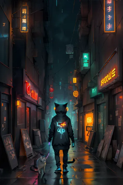 <lora:c4ttitude:0.5> <lora:neonnight:0.8> a c4ttitude cat standing on a dark slum street at night, raining, wearing hoodie, neon store signs || masterpiece, 8k, high resolution, shallow depth of field, sharp focus