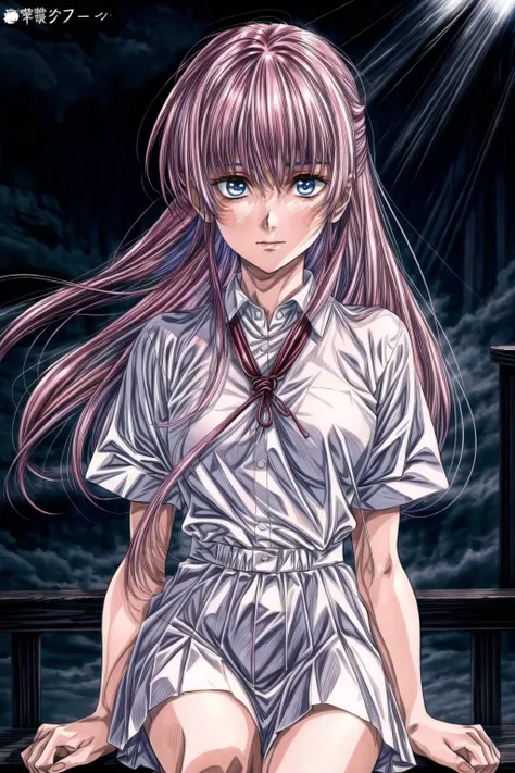 anime girl with long hair sitting on a bench in front of a dark sky