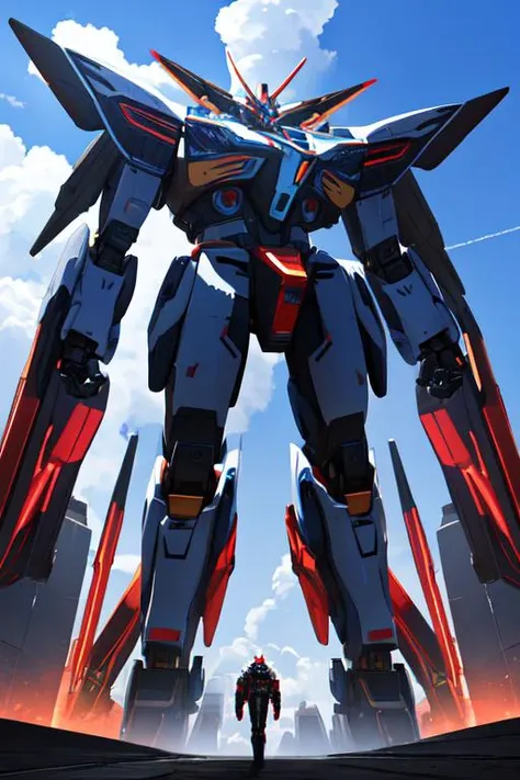 a man standing in front of a giant robot standing on top of a field