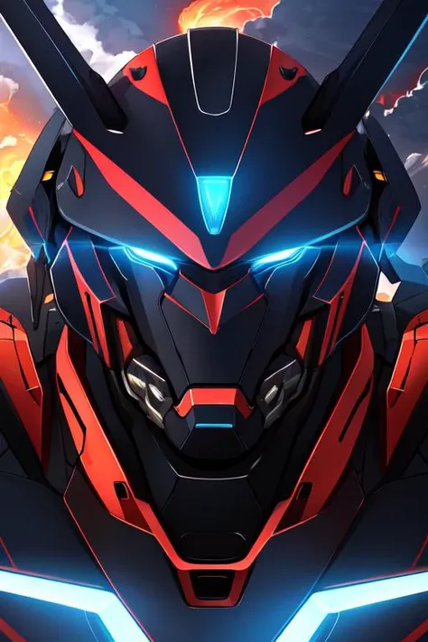 a close up of a robot with glowing eyes and a red and black suit