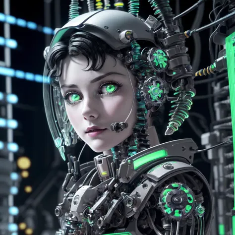 a close up of a woman in a futuristic suit with green eyes