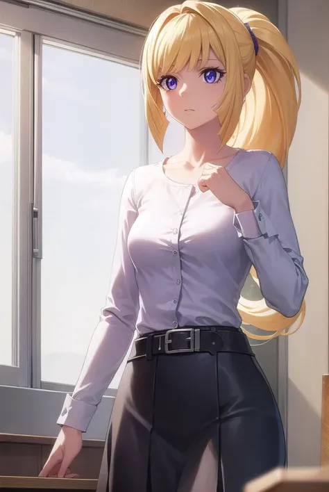 kudeliaainabernstein, <lyco:kudeliaainabernstein-lyco-nochekaiser:1>,
kudelia aina bernstein, (purple eyes:1.1), long hair, blonde hair, bangs, blunt bangs, ponytail, 
BREAK skirt, shirt, long sleeves, belt, long skirt, white shirt, collar bone, green skir...