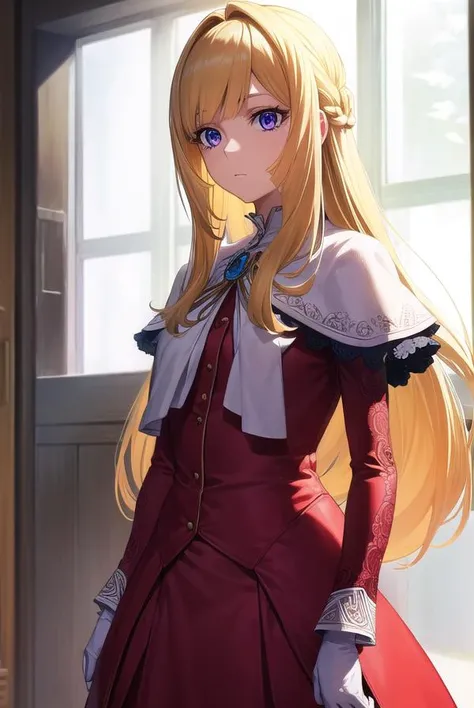 kudeliaainabernstein, <lyco:kudeliaainabernstein-lyco-nochekaiser:1>,
kudelia aina bernstein, (purple eyes:1.1), long hair, blonde hair, bangs, blunt bangs, 
BREAK gloves, dress, red dress, white gloves, capelet, gown, red gown, apricot, black apricot,
BRE...