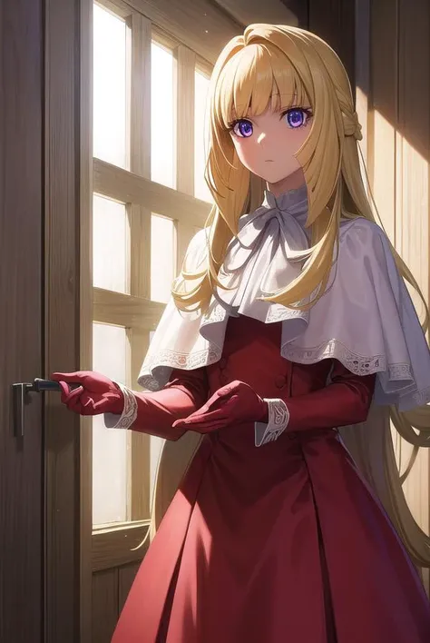 kudeliaainabernstein, <lyco:kudeliaainabernstein-lyco-nochekaiser:1>,
kudelia aina bernstein, (purple eyes:1.1), long hair, blonde hair, bangs, blunt bangs, 
BREAK gloves, dress, red dress, white gloves, capelet, gown, red gown, apricot, black apricot,
BRE...