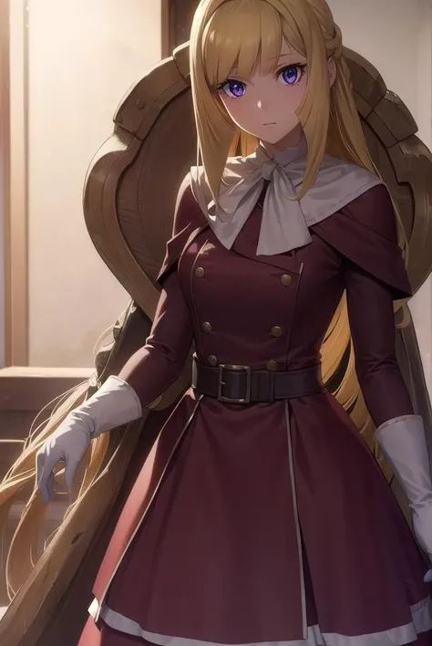 kudeliaainabernstein, <lyco:kudeliaainabernstein-lyco-nochekaiser:1>,
kudelia aina bernstein, (purple eyes:1.1), long hair, blonde hair, bangs, blunt bangs, 
BREAK gloves, dress, red dress, white gloves, capelet, gown, red gown, apricot, black apricot,
BRE...