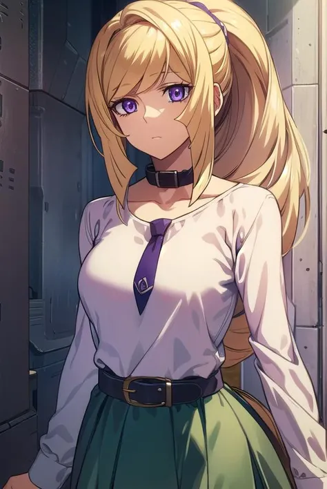 kudeliaainabernstein, <lyco:kudeliaLYCORIStest:1>,
kudelia aina bernstein, (purple eyes:1.1), long hair, blonde hair, bangs, blunt bangs, ponytail,
BREAK skirt, shirt, long sleeves, belt, long skirt, white shirt,  collar bone, green skirt,
BREAK looking at...