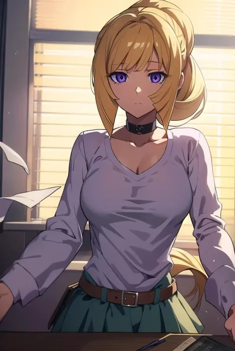 kudeliaainabernstein, <lyco:kudeliaLYCORIStest:1>,
kudelia aina bernstein, (purple eyes:1.1), long hair, blonde hair, bangs, blunt bangs, ponytail,
BREAK skirt, shirt, long sleeves, belt, long skirt, white shirt,  collar bone, green skirt,
BREAK looking at...