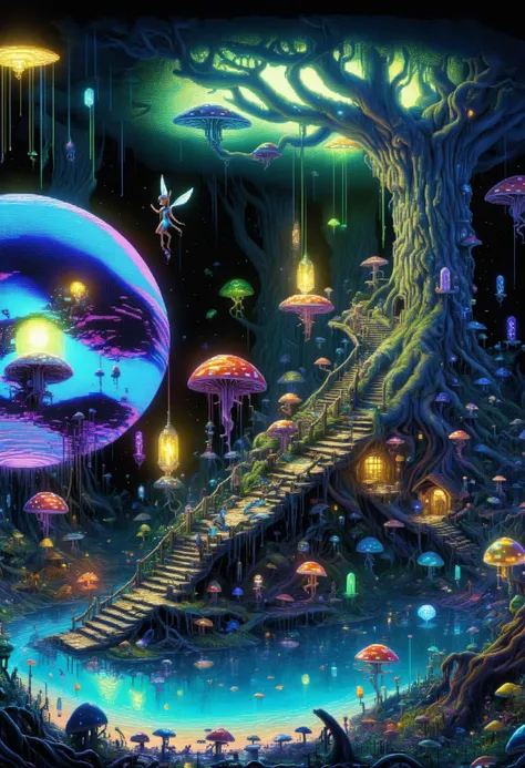 DonM8u663dXL,pixeled  hyper detailed masterpiece, dynamic realistic digital art, awesome quality,onyx home,aquatic alchemy study,enchanting forest lighting, a combination of moonlight and dappled light, adding a fairy-tale-like charm space junk global illu...