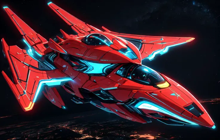 Red spaceship, wedge-shaped spaceship, fly, aerodynamic, neon lights, galaxy background, space, sharp focus, UHD, octane render,<lora:sp4c3sh1p:1.0><lora:sp4c3sh1p:1.0>