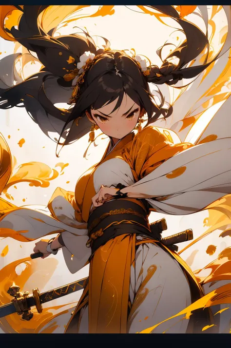 Masterpiece, 1girl, close up, wear golden hanfu, Chinese Traditional cloth, ((holding a golden sword)), long black hair, hair braid, golden vortex  background, wind effect, ink painting style, dynamic pose, battle pose, smokexxx <lora:kungfu:0.8>  <lora:ni...