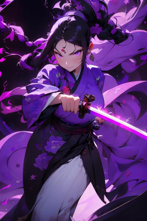 Masterpiece, 1girl, close up, wear purple hanfu, Chinese Traditional cloth, ((holding a  glowing sword,)) long black hair, hair braid, purple flames  background, thunder effect, ink painting style, dynamic pose, battle pose <lora:kungfu:0.8> <lora:Nijidefa...