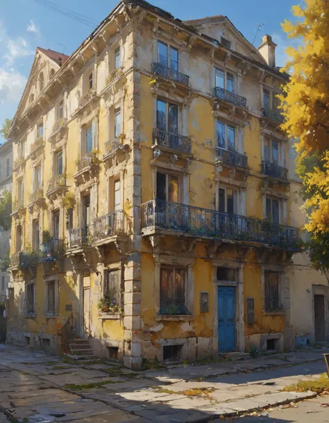 painting of a building with a blue door and balcony on a sunny day