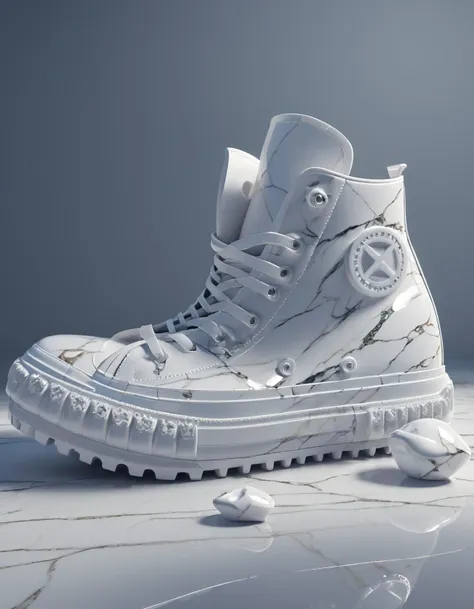 a close up of a pair of white sneakers on a marble surface