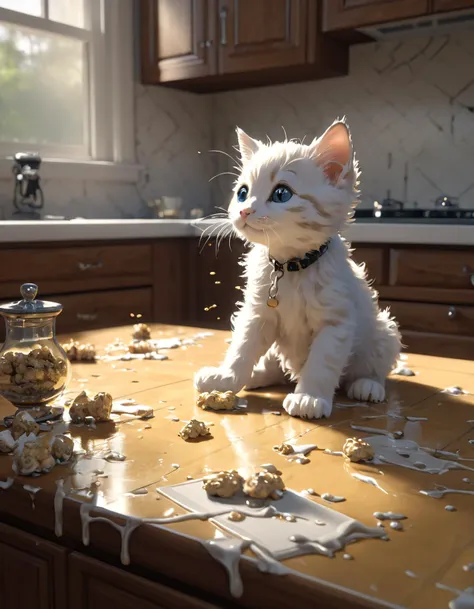 there is a white cat sitting on a kitchen counter with food all over it