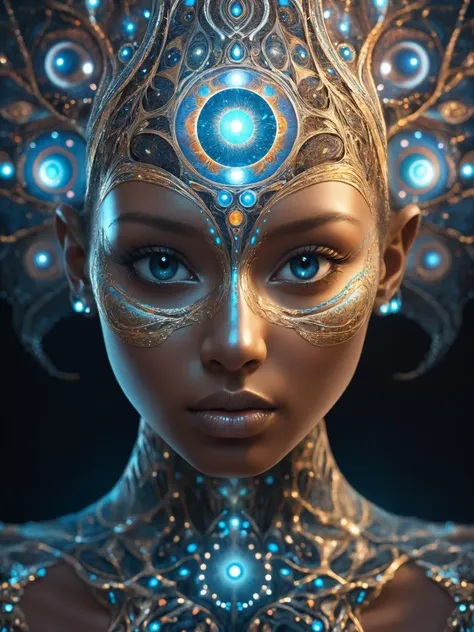 a woman with a blue and gold headpiece and a glowing face