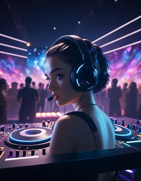 a woman in headphones is playing music on a dj mixer