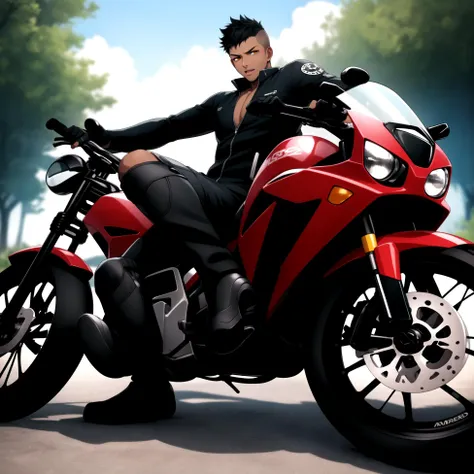 <lora:haruaki_5-000004:0.6>,(masterpiece:1.2), (best quality:1.2), (high resolution:1.2) ,CyberReed, 1boy, dark-skinned male, buzz cut, Posing by a classic motorcycle, clad in rugged biker attire, with an adventurous spirit