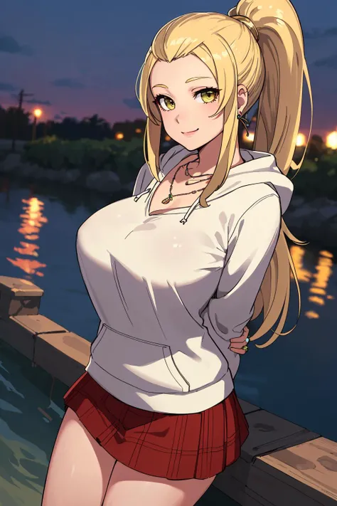 masterpiece, best quality, <lora:EPfeJade-06:0.7>, EPfeJade, blonde hair, very long hair, huge breasts, ponytail, perspective, river, dusk, arms behind back, animal hoodie, checked skirt, drawers, jewelry, necklace, bracelet, ring, light smile