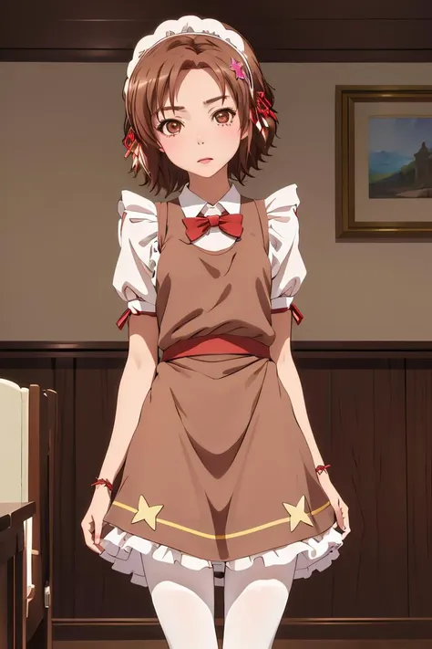 anime girl in a brown dress and white stockings standing in a room