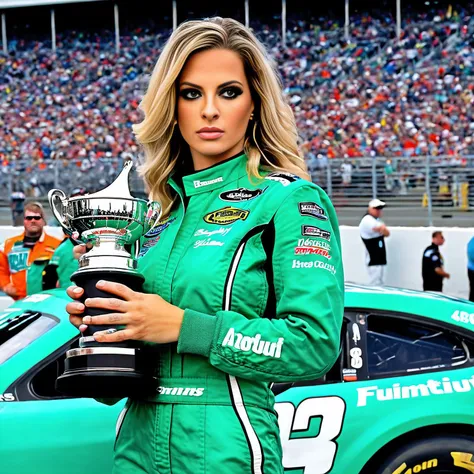 <lora:4sh13y_20XL-final:1.1>,a professional photograph of beautiful (4sh13y:1.1) woman,as a NASCAR race car driver,wearing a (jade green) racing firesuit,standing next to racing stock car,parked in victory lane, holding a trophy,at Daytona 500, race track ...