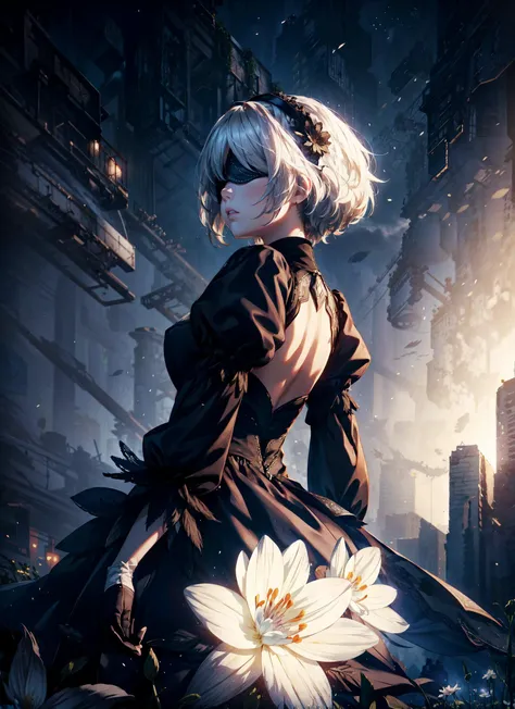 a woman in a black dress holding a white flower