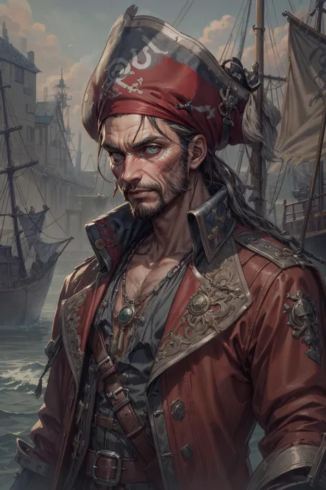 a man in a pirate outfit standing in front of a ship