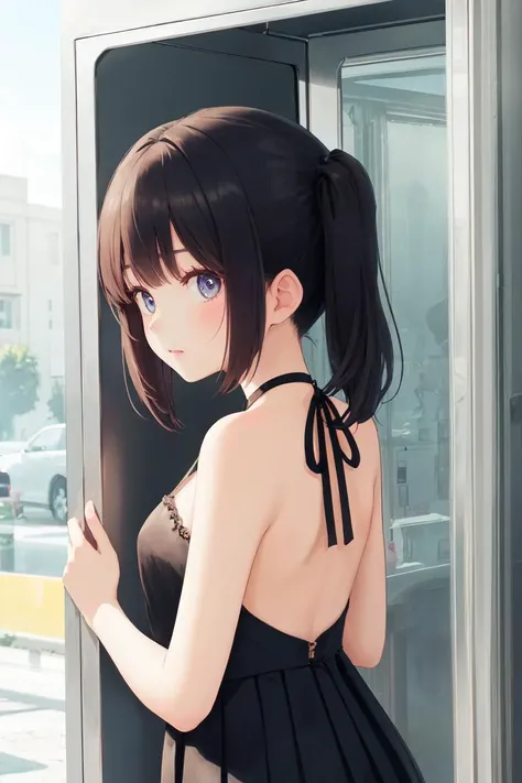 (masterpiece, top quality, best quality, official art, beautiful and aesthetic:1.2,ray tracing1.4), (1girl:1.3), twintails,Pleated chiffon halter neck dress with keyhole back,upper body,phone booth