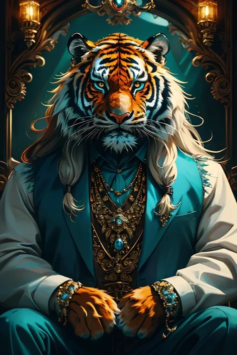 masterpiece, high quality, Gangster character tiger, long hair, in style of moonstones and aquamarines, <lora:J_gemstone:0.8> j_gemstone