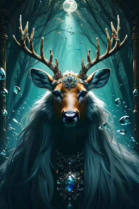 masterpiece, high quality, Gangster character deer, long hair, in style of moonstones and aquamarines, <lora:J_gemstone:0.8> j_gemstone