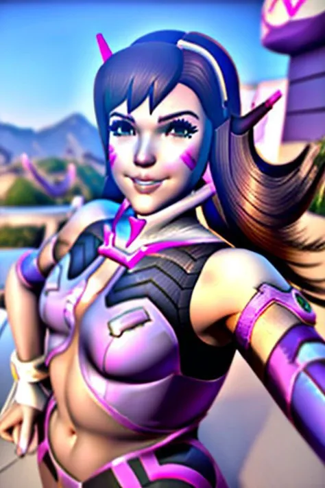 a close up of a woman in a purple outfit with a sword