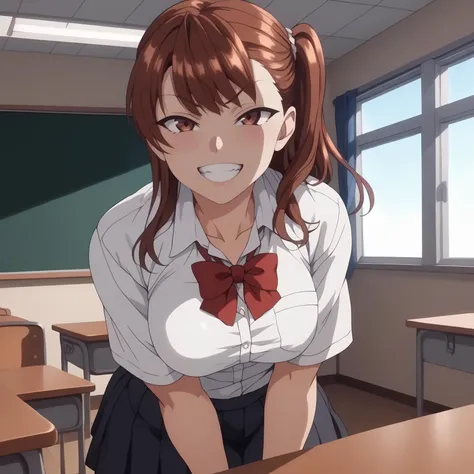 anime girl in a school uniform standing in front of a desk