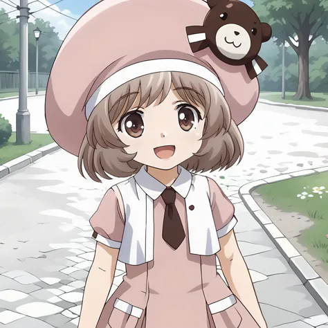 anime girl in a pink hat and dress with a teddy bear on her head