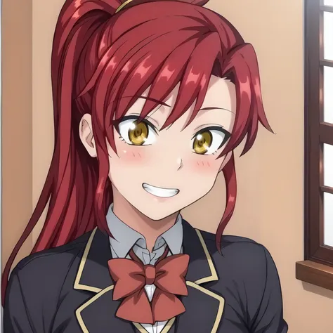 anime girl with red hair and a bow tie smiling