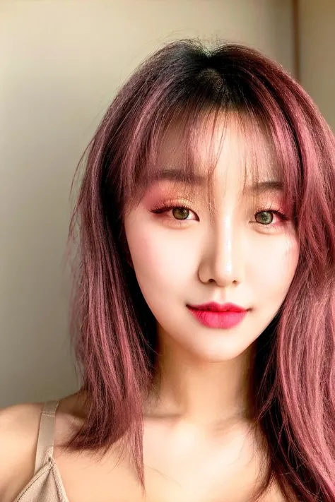 award winning composition, TO8CONTRAST STYLE, sexy 21 year old korean,  kpop idol, perfect body, (makeup, cleavage), natural lipstick, (tan lines), seductive flirty smile, (very long pink messy hair), (emerald green eyes),16k, sharp focus, masterpiece, bre...