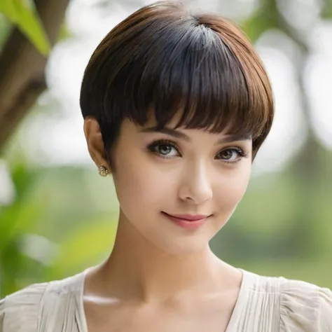 majicmix_style, wide shot, an exquisitely beautiful actress, long nose, (clear eyes, symmetrical eyes), gently smile, Bowl cut, natural lighting, outdoor,  <lora:majicmix_style_ver3:1.23>