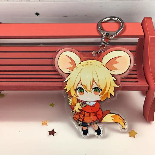 <lora:acrylicMaterialKeyChainPendant_v10:1.2>, masterpiece,CG ,unity ,8k wallpaper, 1girl, anime style, moushley, orange sweater, looking at viewer, small muzzle,  <lora:moushley:0.9>, rat tail, plaid green skirt, blonde hair, mouse ears, body fur, mouse_g...