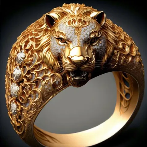 a close up of a gold ring with a lion head