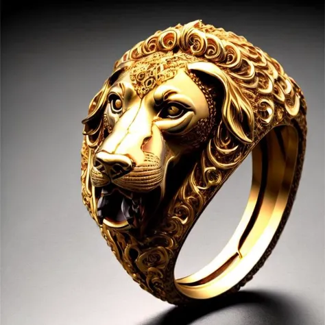 a close up of a gold ring with a lion head on it