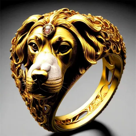 a close up of a gold ring with a lion head on it