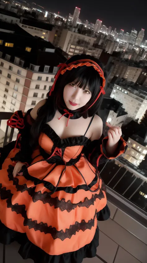 Red yellow heterochromia, masterpiece, best quality, (Solo:1.0), Kurumi tokisaki, Lace, (Black hair:1.0), Orange dress, (Full body:0.9), <lora:Kurumi-tokisaki-cosplay2:0.7>, Kurumi-tokisaki-cosplay2, Roof, night, city background