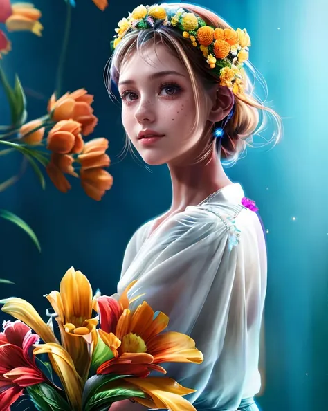 1 girl, (detailed skin, supple skin pores), [freckles], [beauty marks], white dress, full body, masterpiece,ultra realistic,32k,extremely detailed CG unity 8k wallpaper, best quality,  flower,  <lora:copax_kagaya_zodiac_style-000003:1>