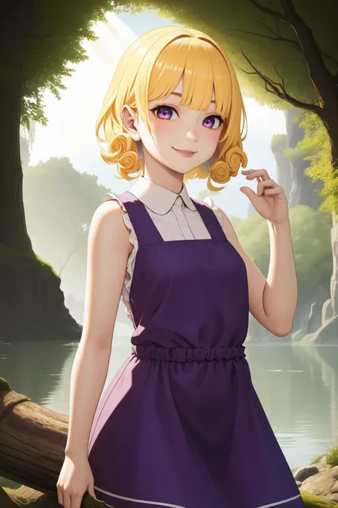 solo, 1girl, seductive smile, yellow hair, spiralcurl, swept bangs, light purple eyes, Pinafore_dress - This is a collarless, sleeveless low cut dress which is worn over tops / blouses., simple, swamp, drop shadow, sunbeam, fairytale, surreal, mystical <lo...