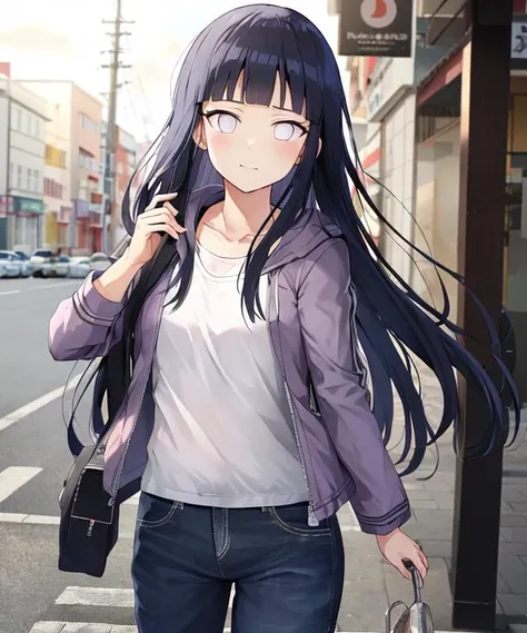 anime girl with long black hair walking down the street