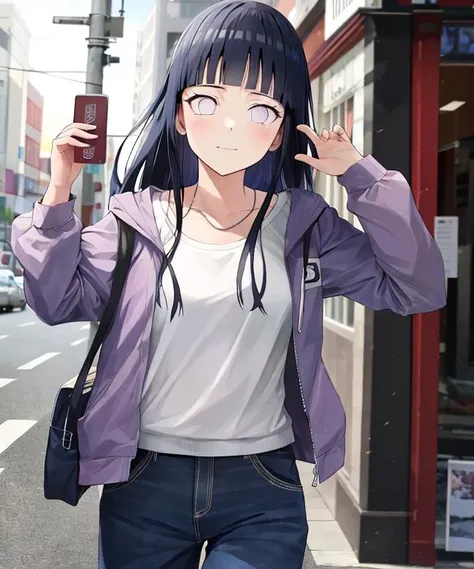 anime girl walking down the street with her hand on her head