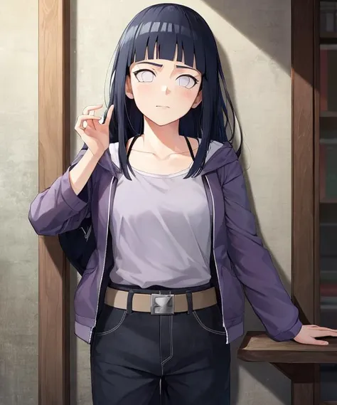 anime girl with long black hair and purple shirt standing in front of a window